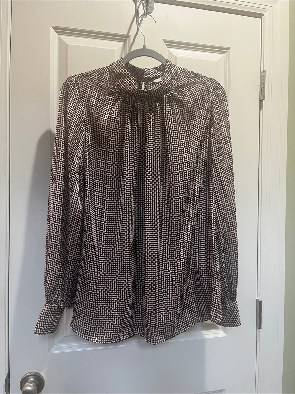 H&M Black and White with red High-Neck Patterned Long-Sleeve Blouse